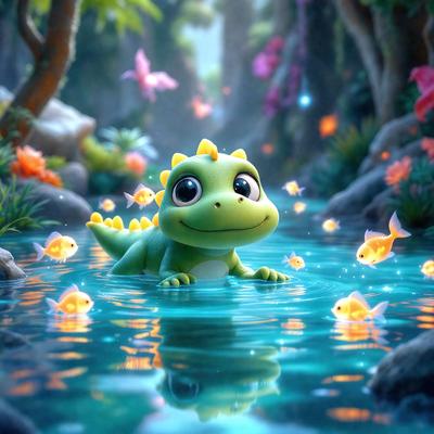 Primary subject: A cartoon green dinosaur, possibly a baby, sitting in a body of water.

Setting/background: The dinosaur is surrounded by a lush green forest, with a waterfall in the background.

Visual style: The image is a digital art or illustration, featuring a colorful and whimsical scene.

Colors and mood: The colors are vibrant and lively, creating a cheerful and playful atmosphere.